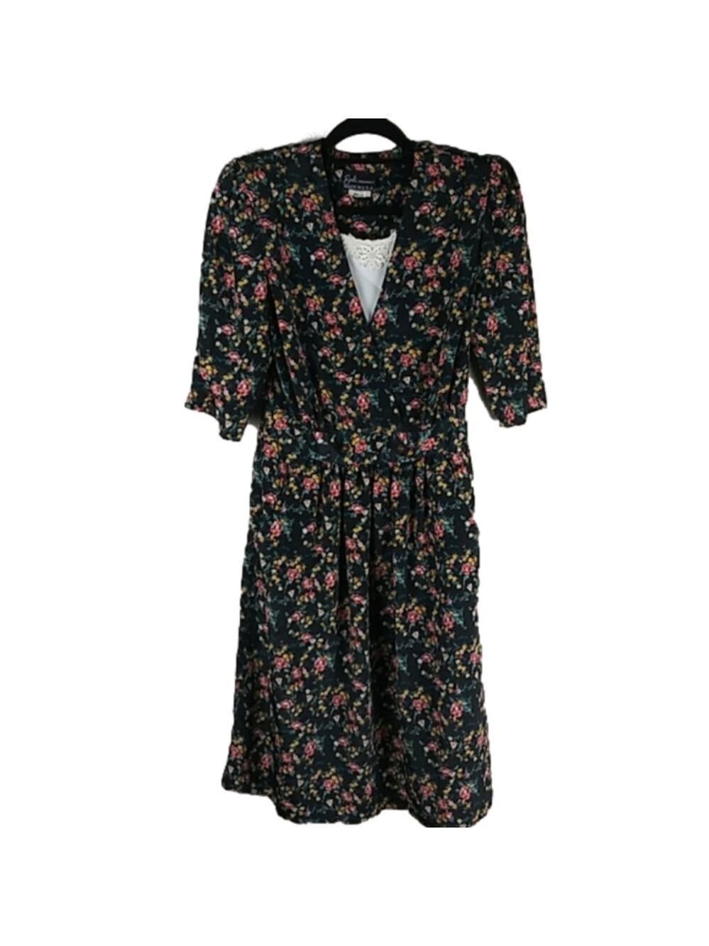 BRELI Originals Vintage Black Floral V-Neck Short Sleeve Prairie Midi Dress